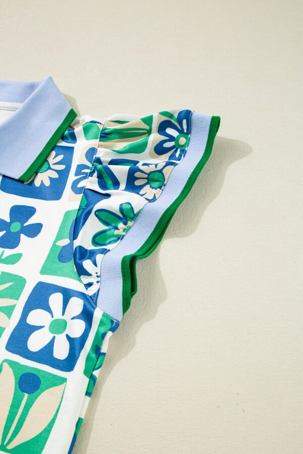 Green Floral Plaid Colorblock Trim Collar Flutter Sleeve Blouse