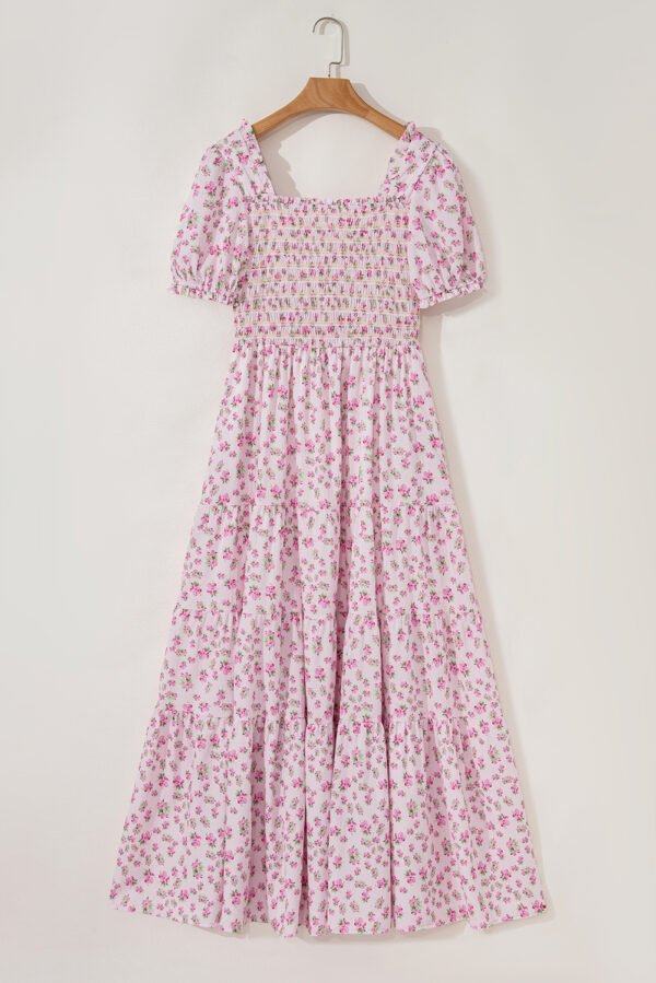 Pink Frilly Shirred Bodice Tiered Floral Maxi Dress