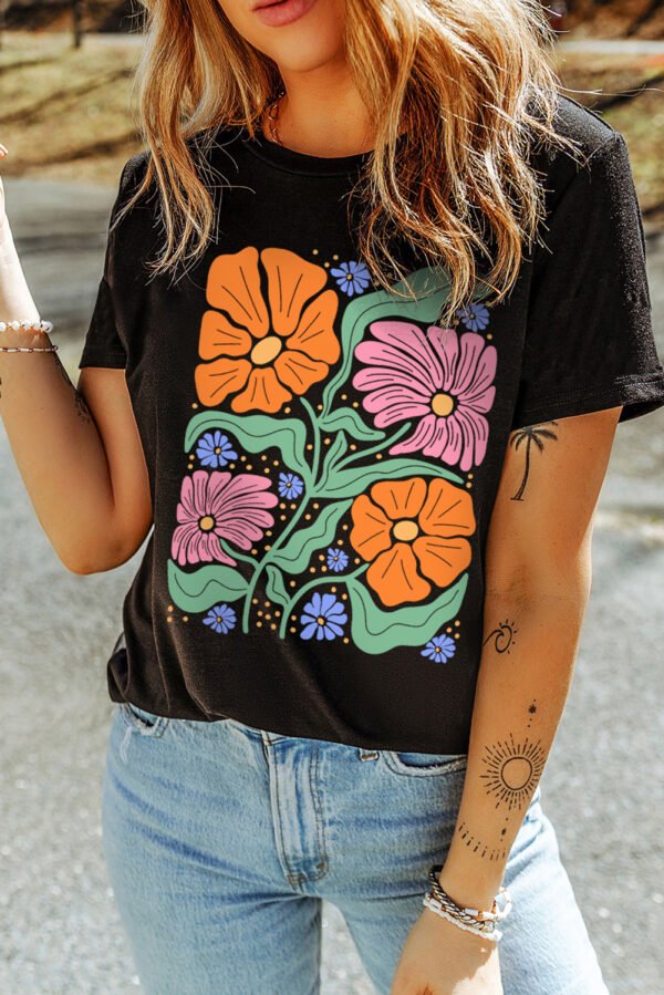 Black Colorful Flower Graphic Crewneck Summer Tee