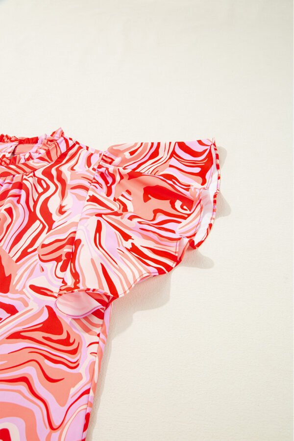 Red Abstract Print Ruffled Short Sleeve Mock Neck Blouse