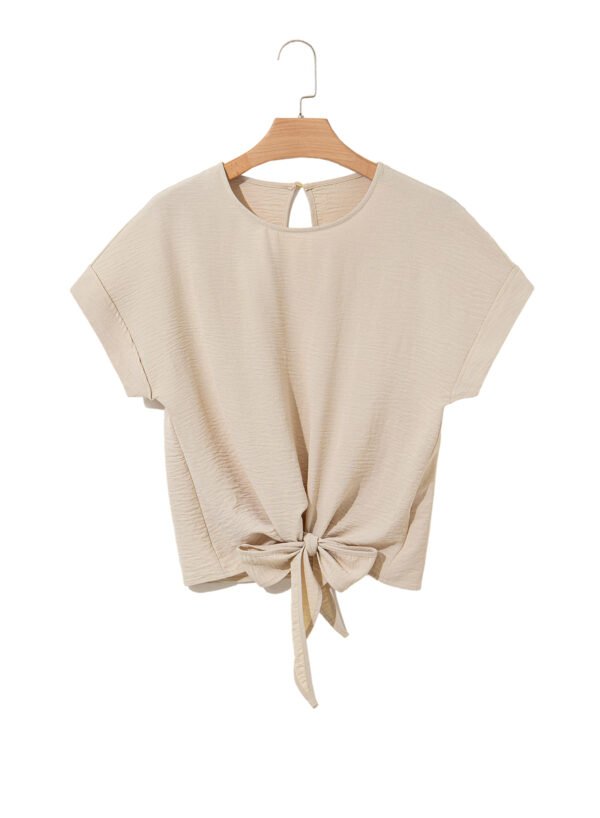 Parchment Solid Color Knotted Hem Short Sleeve Blouse