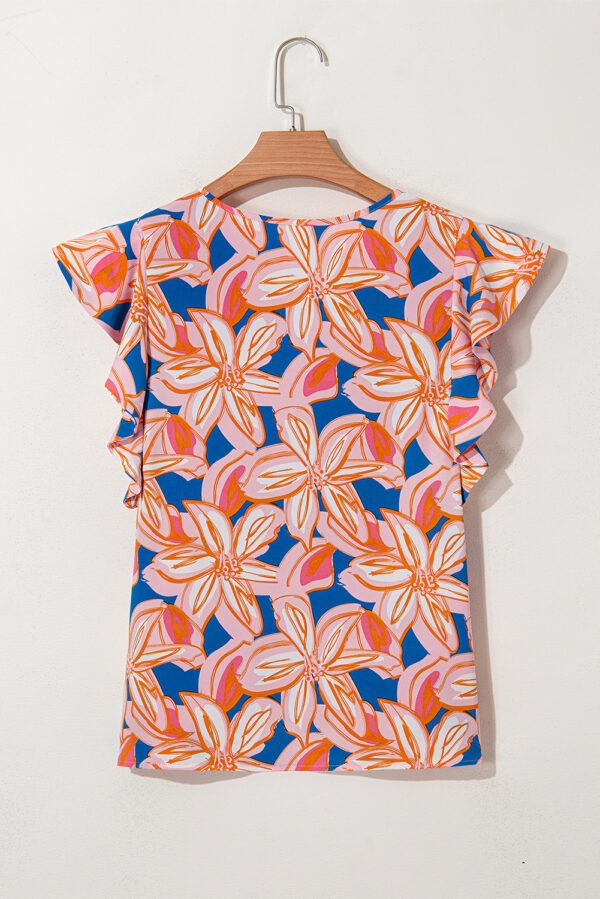 Orange Summer Flower Print Notched Neck Ruffle Sleeve Blouse