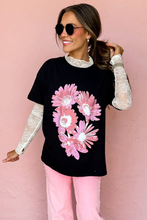 Black Pink Daisy Flower Printed Cotton Blend T Shirt