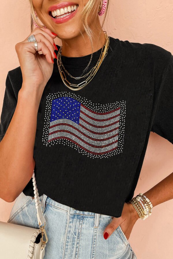Black Rhinestone American Flag Casual Round Neck Tee