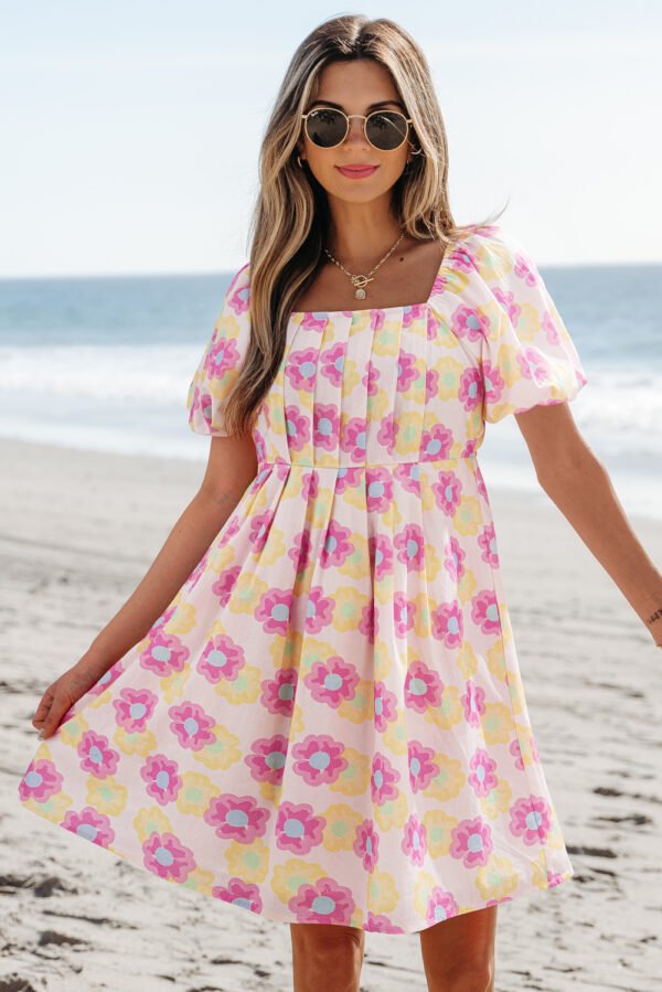 Rose Vibrant Floral Square Neck Puff Sleeve Pleated Flared Midi Dress