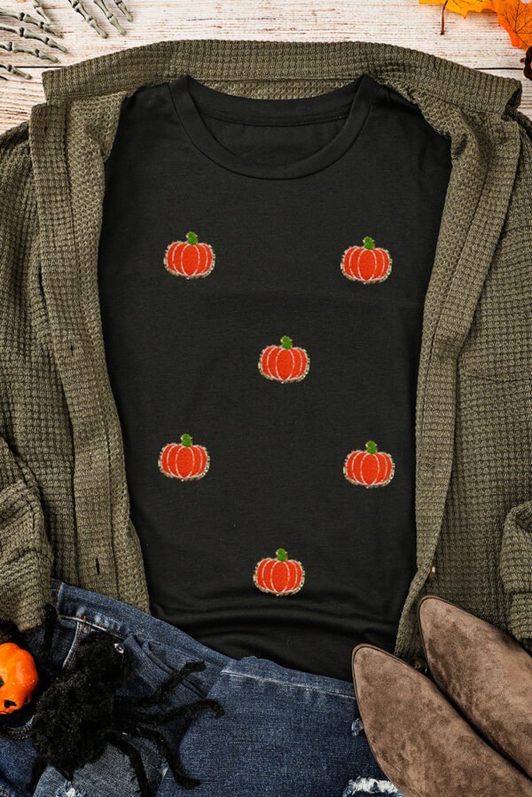 Black Chenille Pumpkin Patched Casual Cotton Blend T Shirt