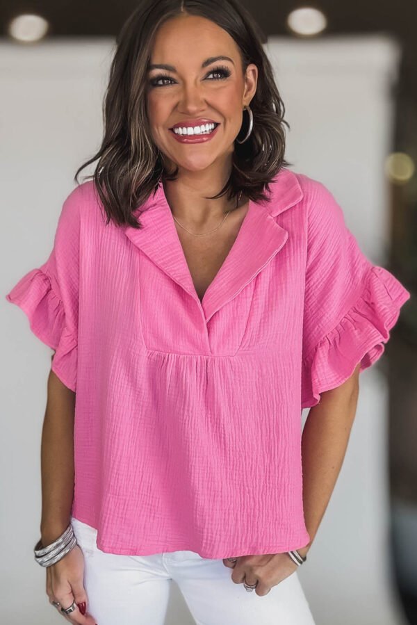 Sachet Pink Textured Ruffled Sleeve Collared V Neck Loose Fit Top