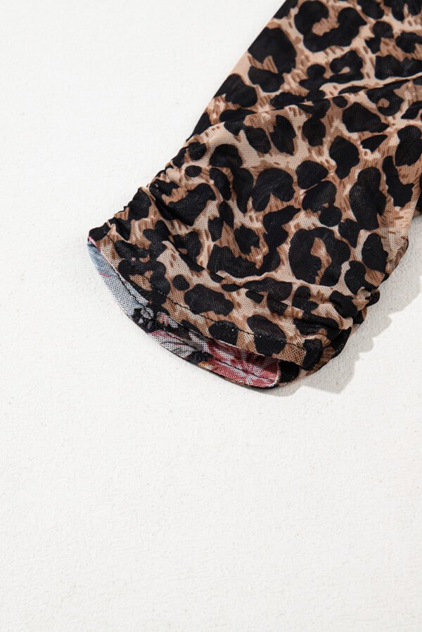 Brown Mesh Leopard Floral Reversible V Neck Short Sleeve Dress