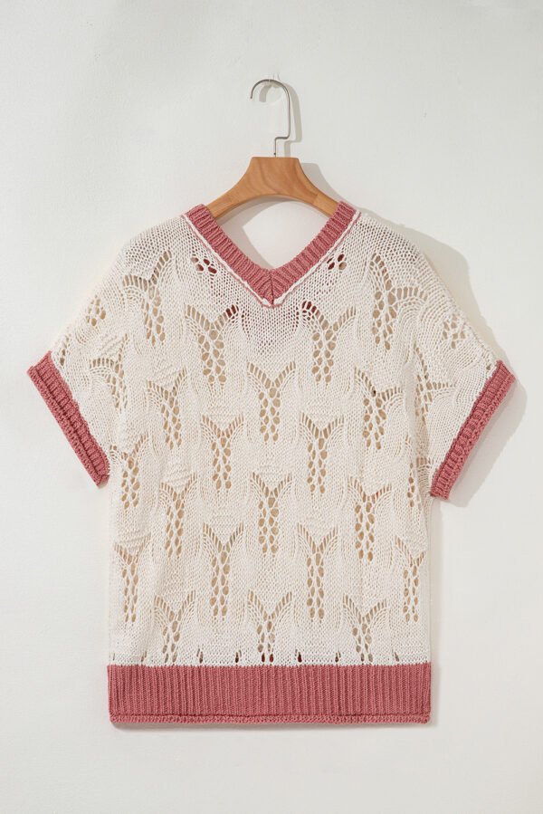 Delicacy Embroidered Flowers Colorblock Edge Hollowed Sweater