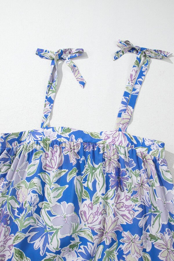 Sky Blue Floral Print Self-tie Straps Flowy Ruffle Long Dress