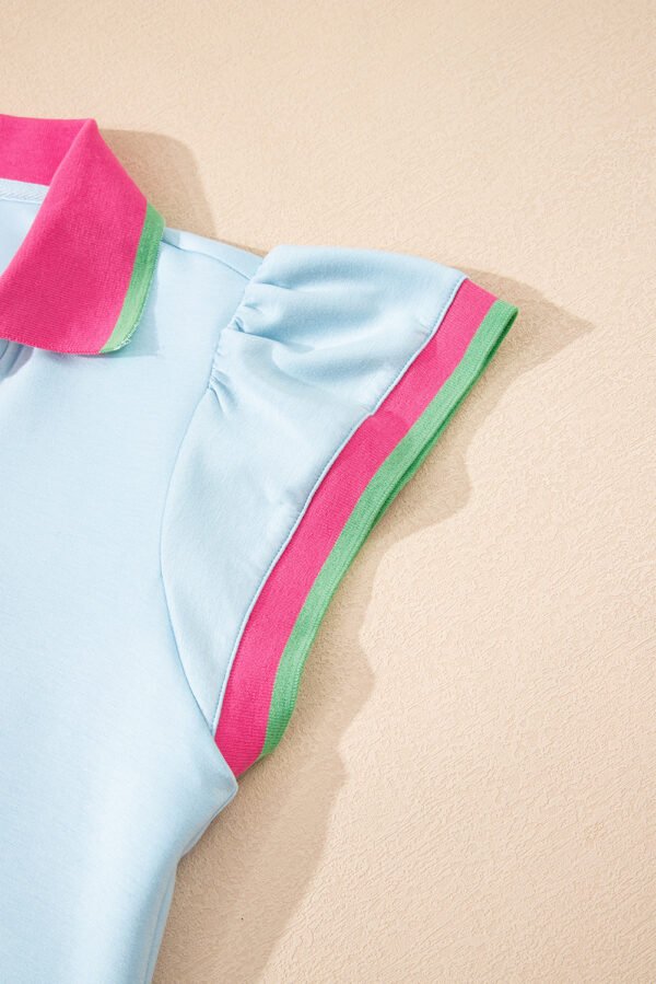 Beau Blue Color Contrast Ruffled Sleeve Collared V Neck Blouse