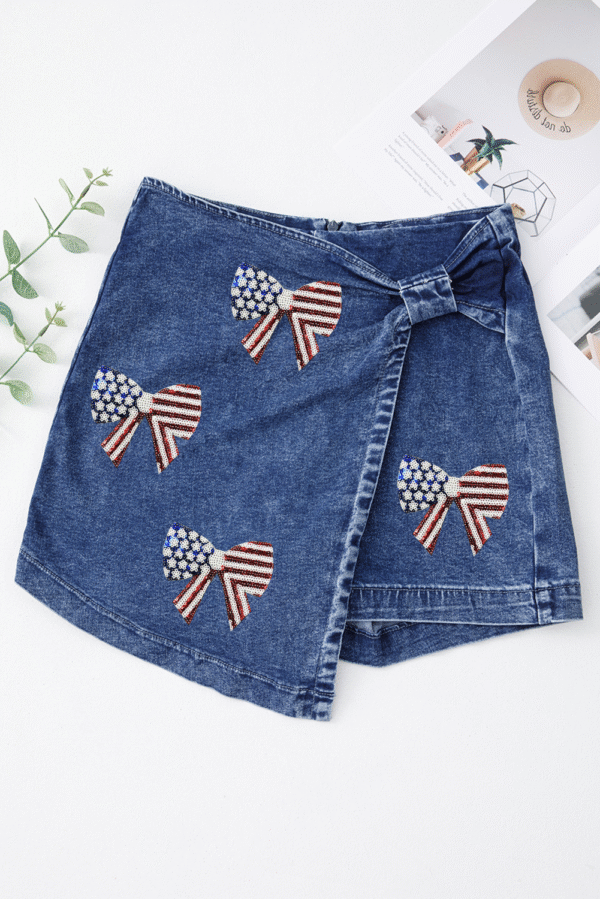 Sail Blue High Waist USA Flag Inspire Bow Patched Twisted Denim Skort