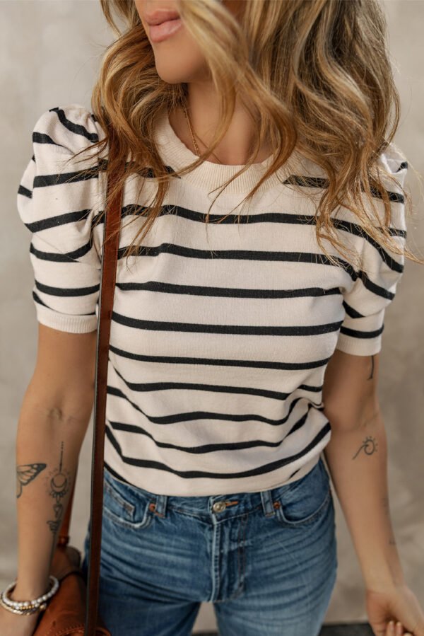 Black Stripe Ribbed Trim Round Neck Bubble Sleeve Knitted Top