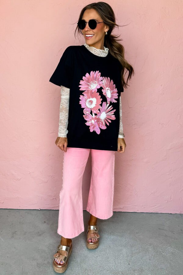 Black Pink Daisy Flower Printed Cotton Blend T Shirt