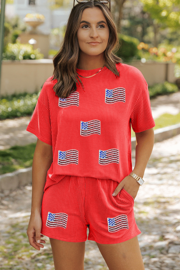 Orange Sequined American Flag Twisted Rib Texture 2pcs Short Set