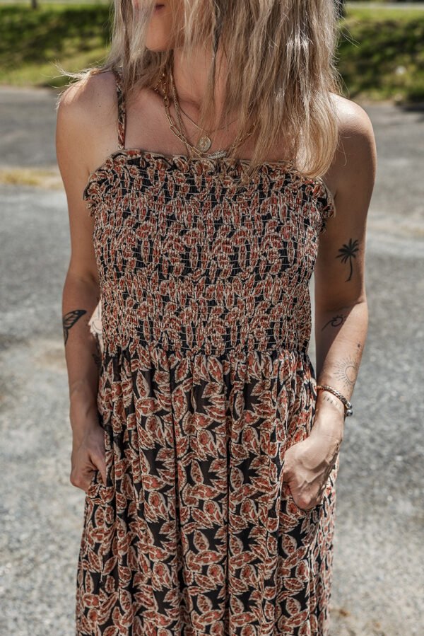 Brown Floral Smocked Bodice High Waist Flowy Sun Dress