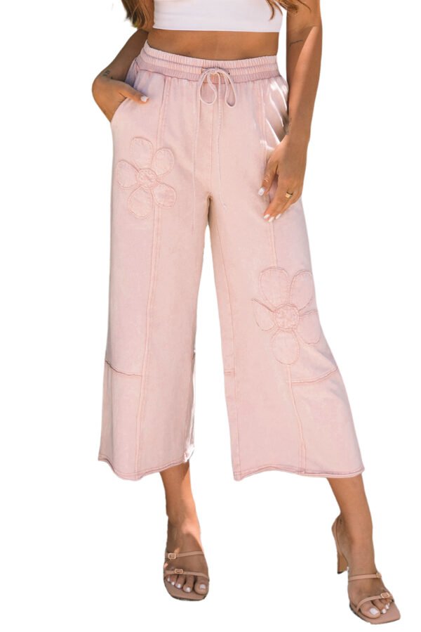 Pink Flower Patch Mineral Washed Terry Knit Cropped Wide Leg Pants