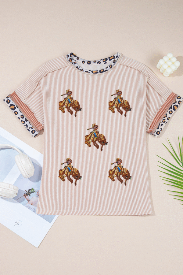 Jet Stream Sequin Rodeo Patch Twisted Rib Colorblock Leopard Trim T Shirt