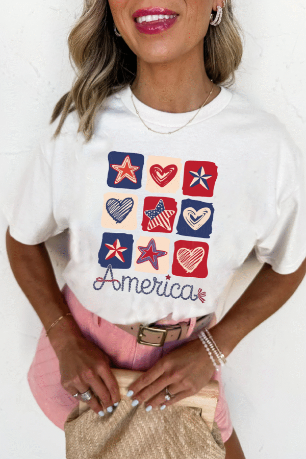 White American Heart Star Checkered Graphic Tee