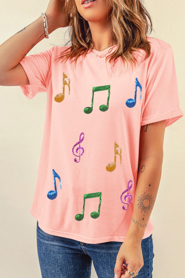 Pink Music Notes Patched Graphic Casual T Shirt