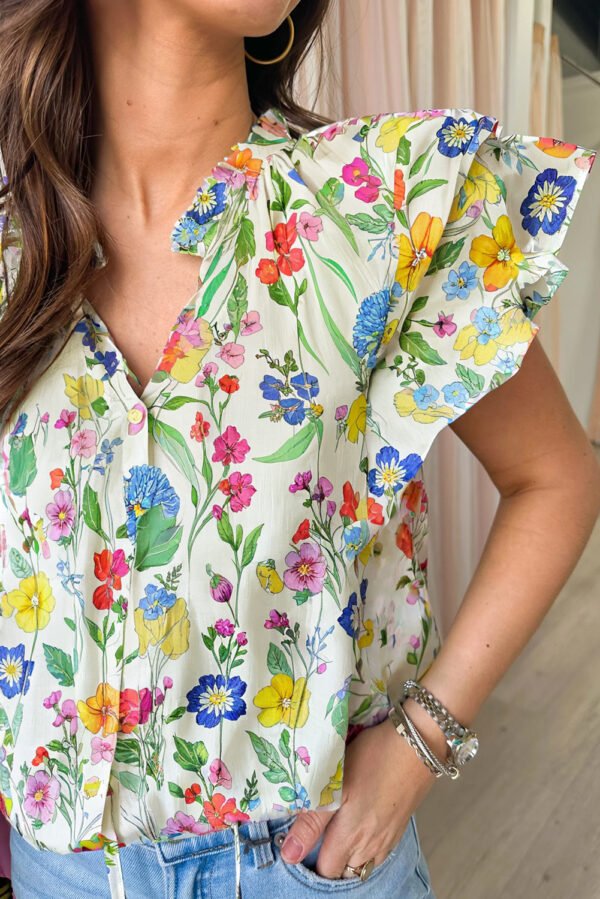 White Floral Print Ruffle Tiered Sleeve Split V Neck Blouse