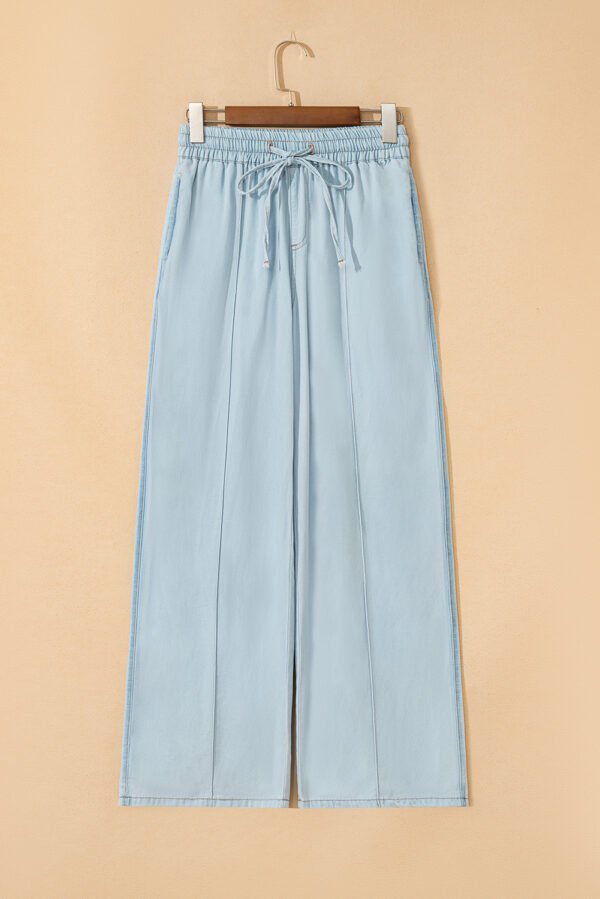 Beau Blue Light Wash Contrast Trim Center Seam Drawstring High Waist Wide Leg Denim Pants