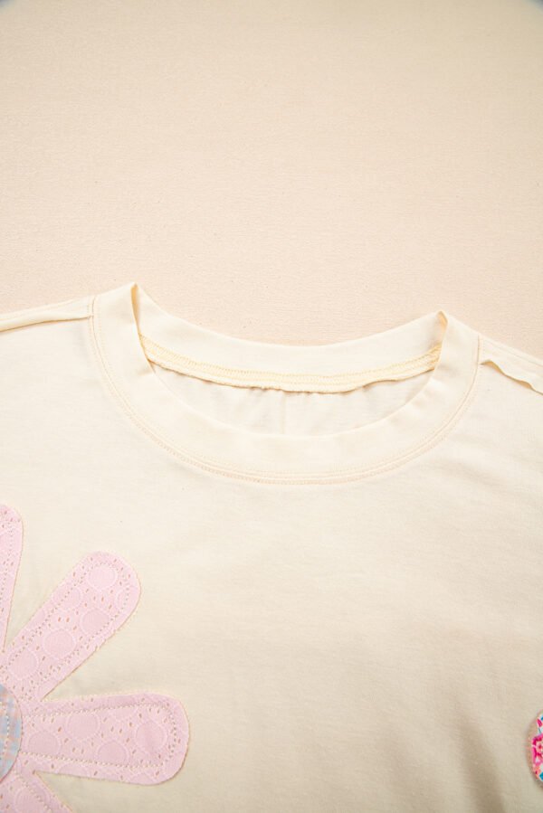Apricot Flower Patched Exposed Stitching Trim Crew Neck Loose Tee