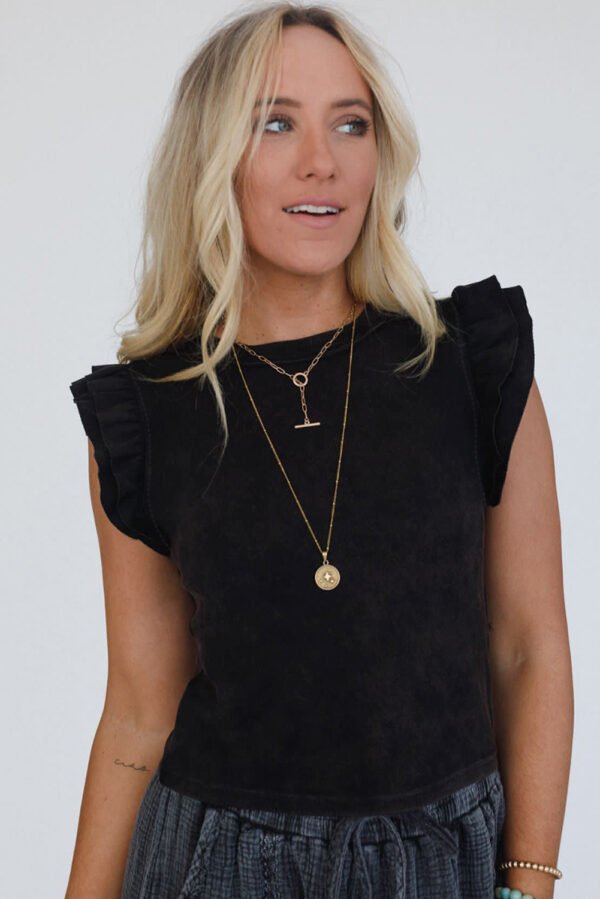 Black Ruffled Crew Neck Slim Fit Top