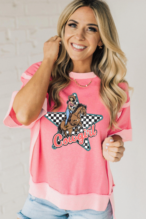 Peach Blossom Cowgirl Checkered Star Shape Print Exposed Seam T Shirt