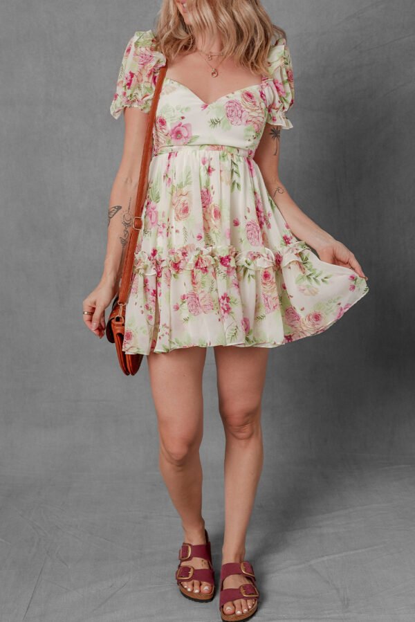 White Vibrant Floral Bubble Sleeve Sweetheart Neck Ruffle Mini Dress