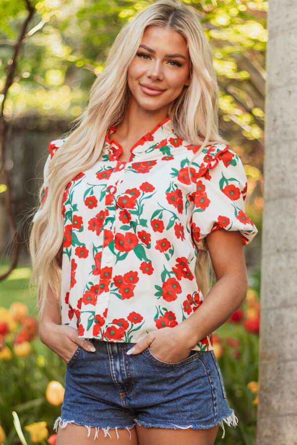Red Floral Print Ruffled Puff Sleeve Elegant Summer Shirt