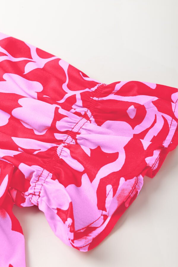 Red Floral Split V Neck Ruffled Short Sleeve Blouse Top