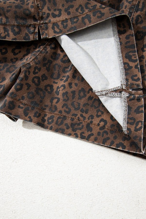 Brown Leopard Print Elastic Waist Drawstring Denim Skort
