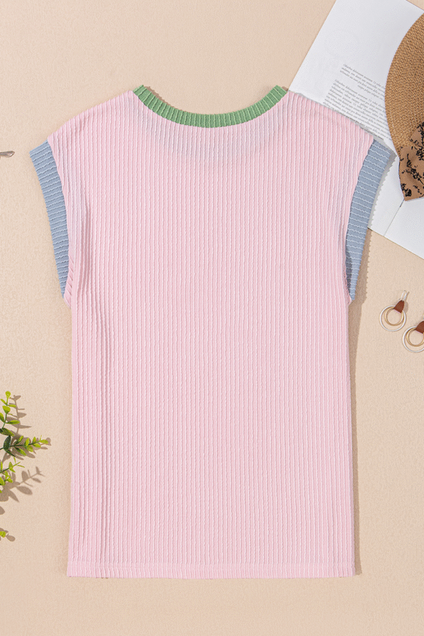 Pink MAMA Bow Graphic Contrast Trim Cap Sleeve 3D Rib T Shirt