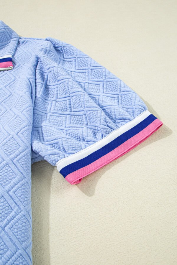 Beau Blue Contrast Striped Trim Zipped Stand Collar Textured Puff Sleeve Plus Size T Shirt Dress