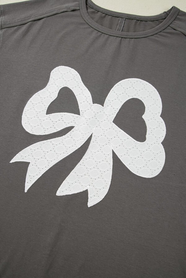 Medium Grey Lace Bow Raw Edge Drop Shoulder Casual T Shirt