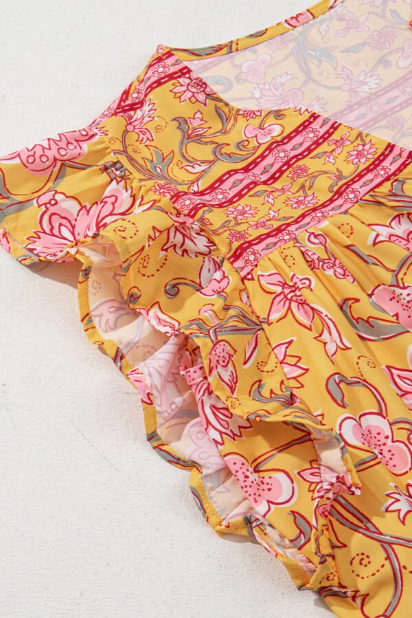 Yellow Floral Notched Neck Ruffled Sleeve Casual Blouse