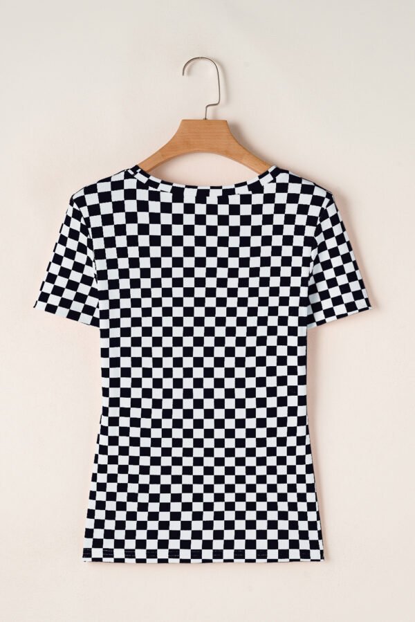 Black Checkered Ribbed Slim Fit Crew Neck T Shirt
