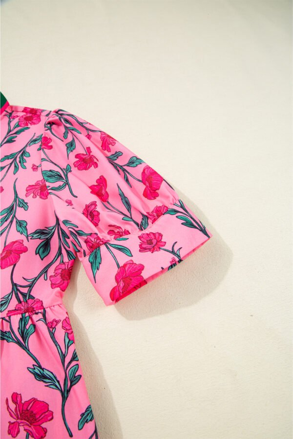 Pink Floral Contrast Neckline A-line Puff Sleeve Long Dress