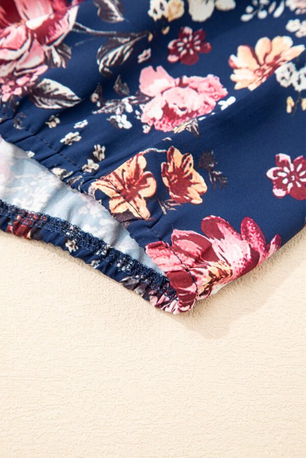 Blue Floral Short Sleeve Scoop Neck Casual Blouse