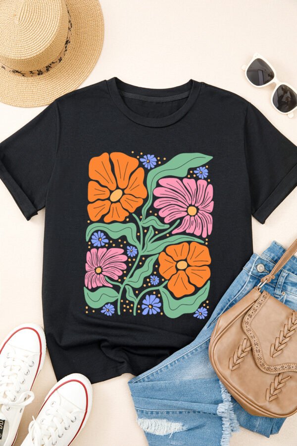 Black Colorful Flower Graphic Crewneck Summer Tee