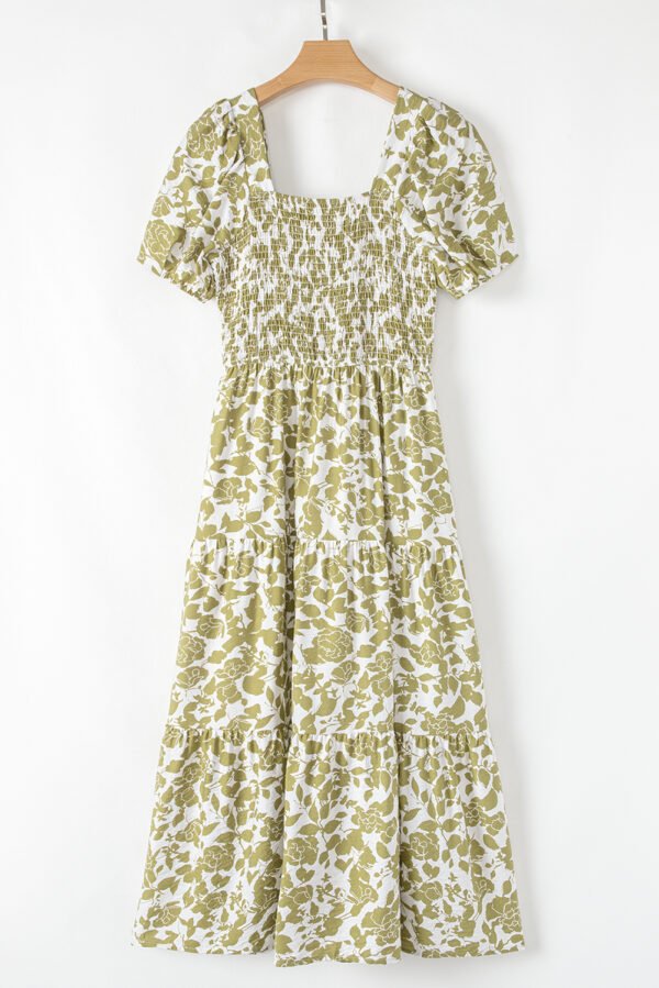 Yellow Boho Floral Square Neck Smocked Bust Puff Sleeve Tiered Long Dress