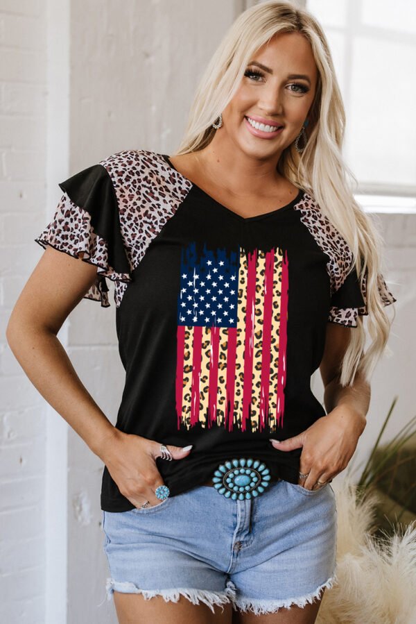 Black Leopard Patchwork Frayed USA Flag Print Ruffle Short Sleeve V Neck Tee