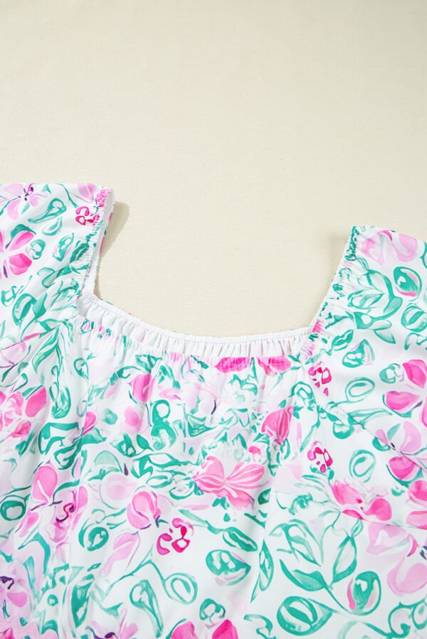 White Floral Print Ric-rac Trim Square Neck Plus Size Mini Dress