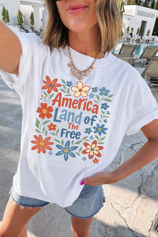 White America Land of The Free Flower Graphic Crewneck T Shirt