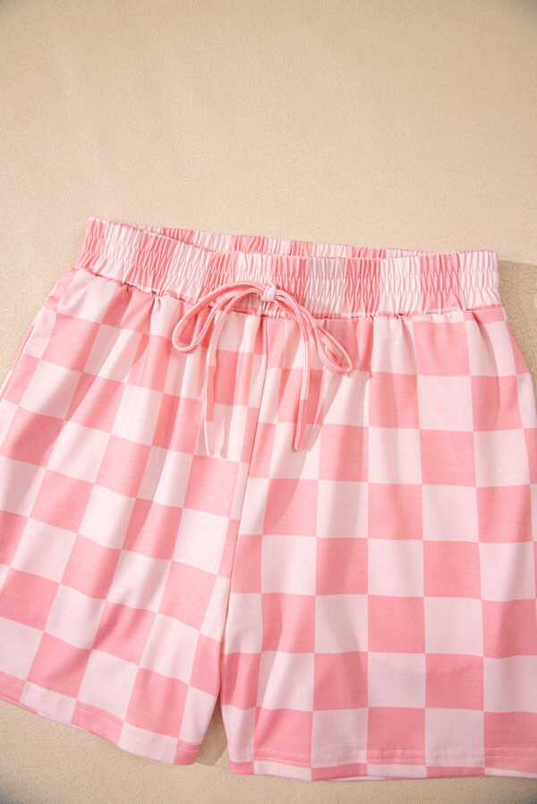 Pink Checkered V Neck Tee Drawstring Shorts Lounge Set