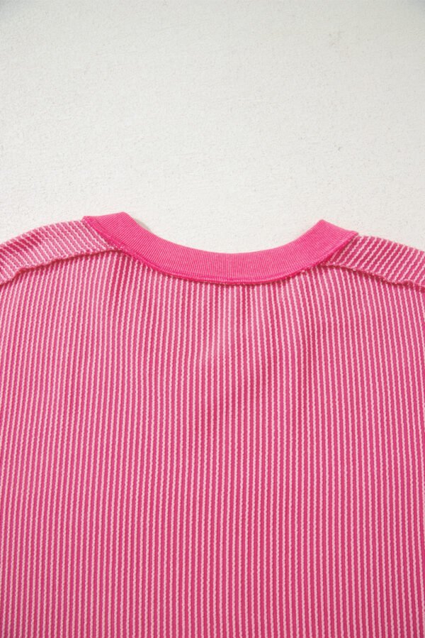 Rose Red Twisted Ribbed Knit V Neck Casual Tee