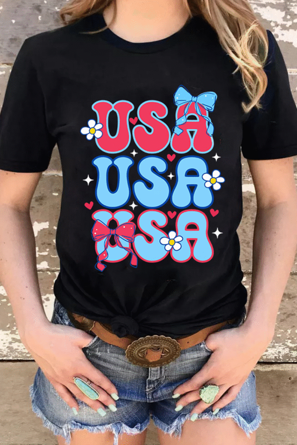 Black July 4th Cute Flower Bow USA Letter Graphic Tee