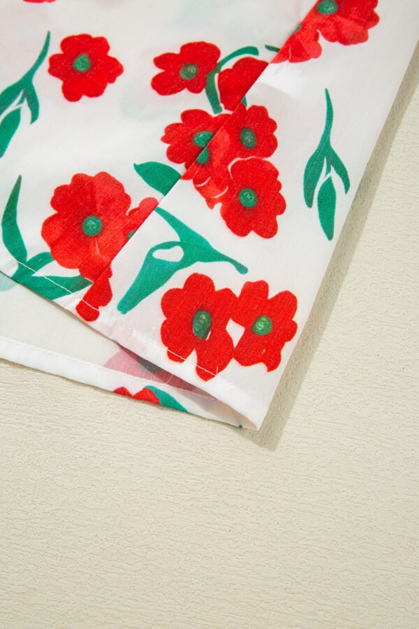 Red Floral Print Ruffled Puff Sleeve Elegant Summer Shirt