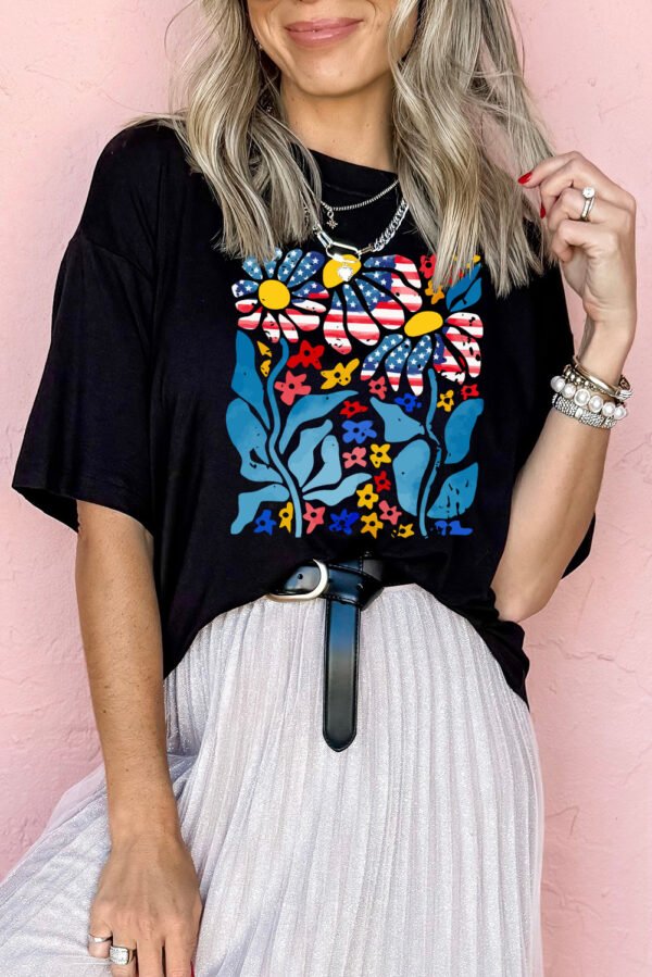 Black USA Flag Flower Graphic Drop Shoulder T Shirt